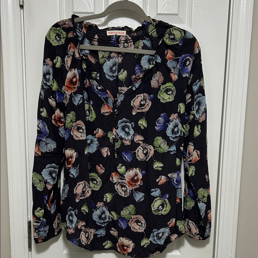 Rebecca Taylor Floral Blouse - Black, Green, Blue -Silk